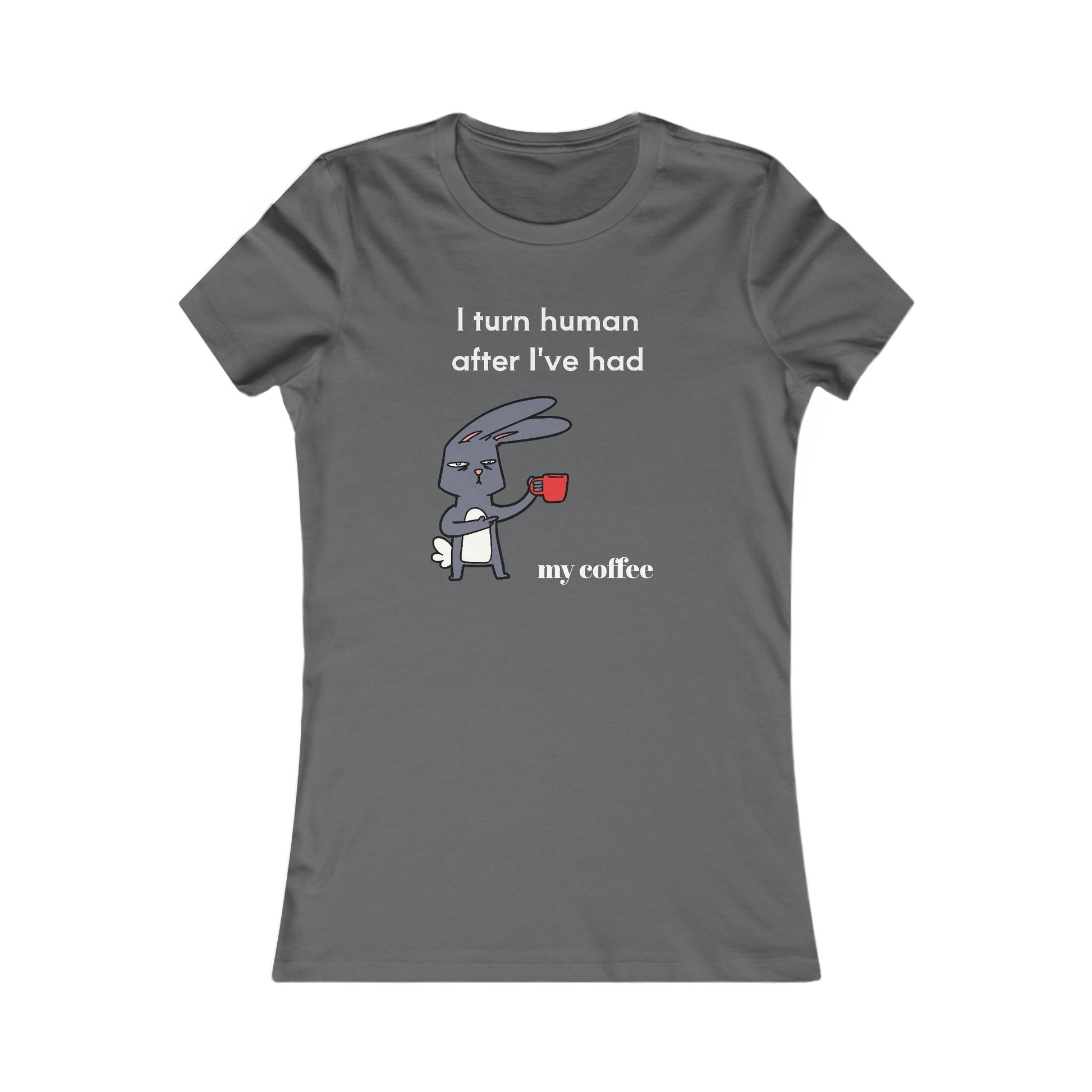 Gray Printify T-shirt with cartoon rabbit holding red coffee cup and coffee and tees text