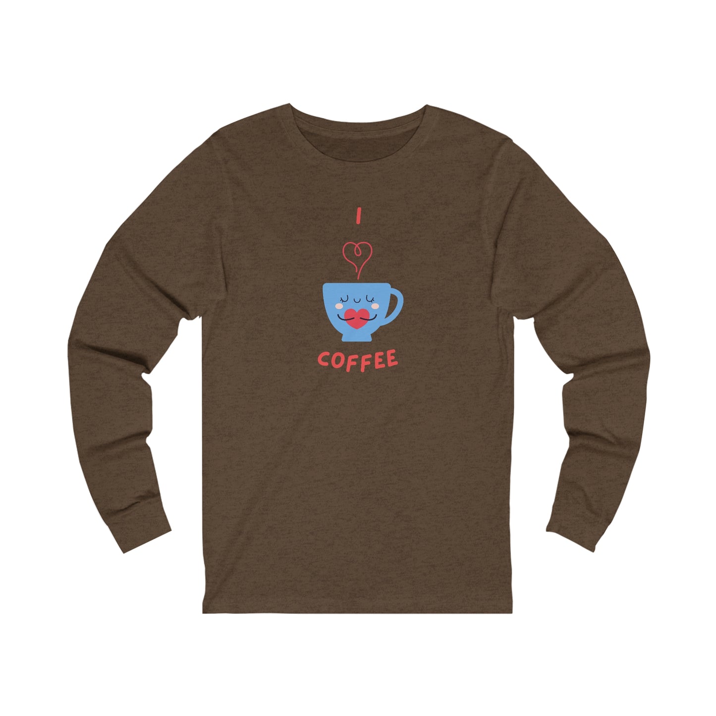 Printify brown long-sleeve shirt with I love coffee graphic cup design coffee and tees