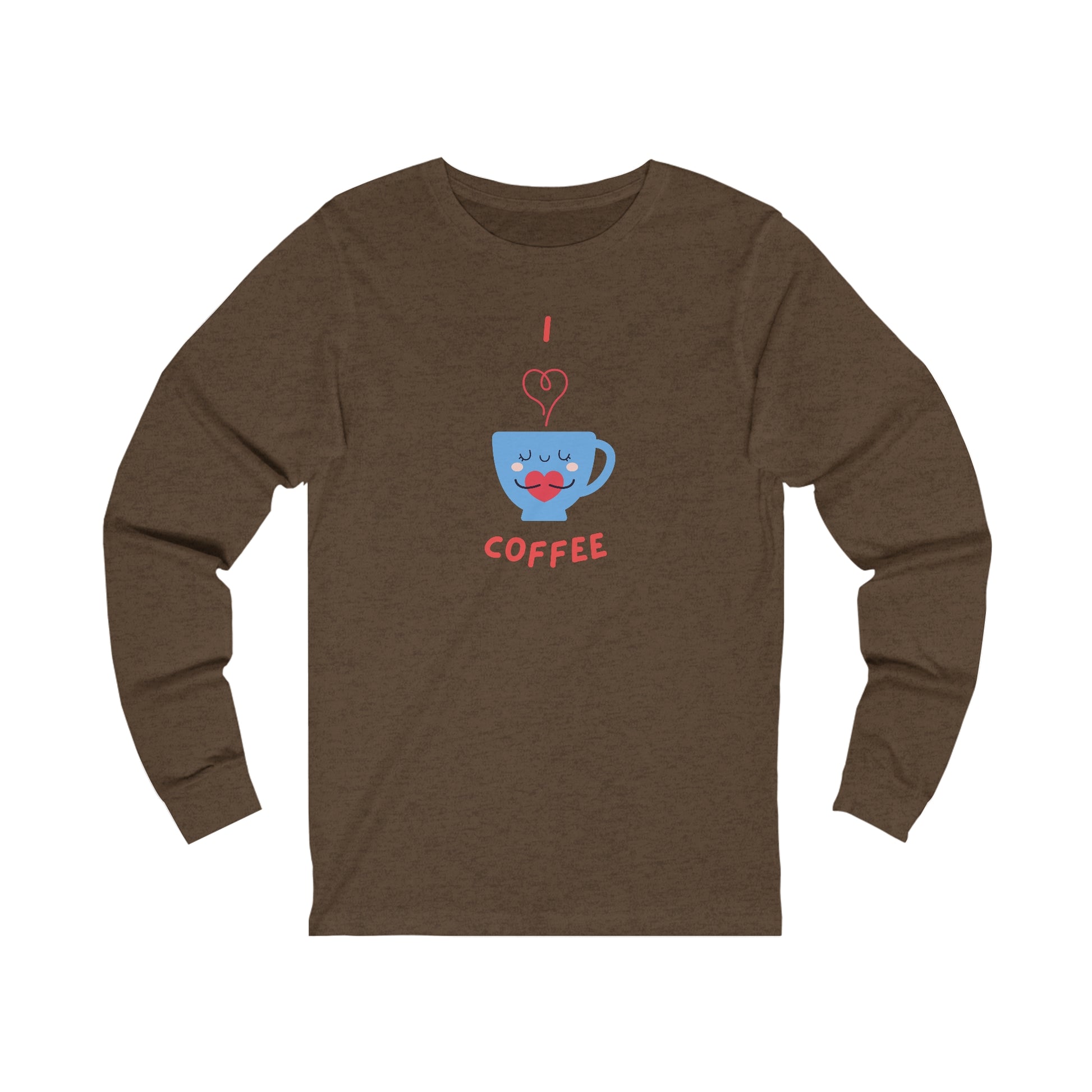 Printify brown long-sleeve shirt with I love coffee graphic cup design coffee and tees