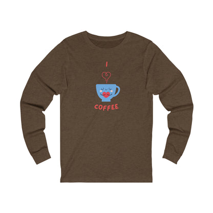 Printify brown long-sleeve shirt with I love coffee graphic cup design coffee and tees