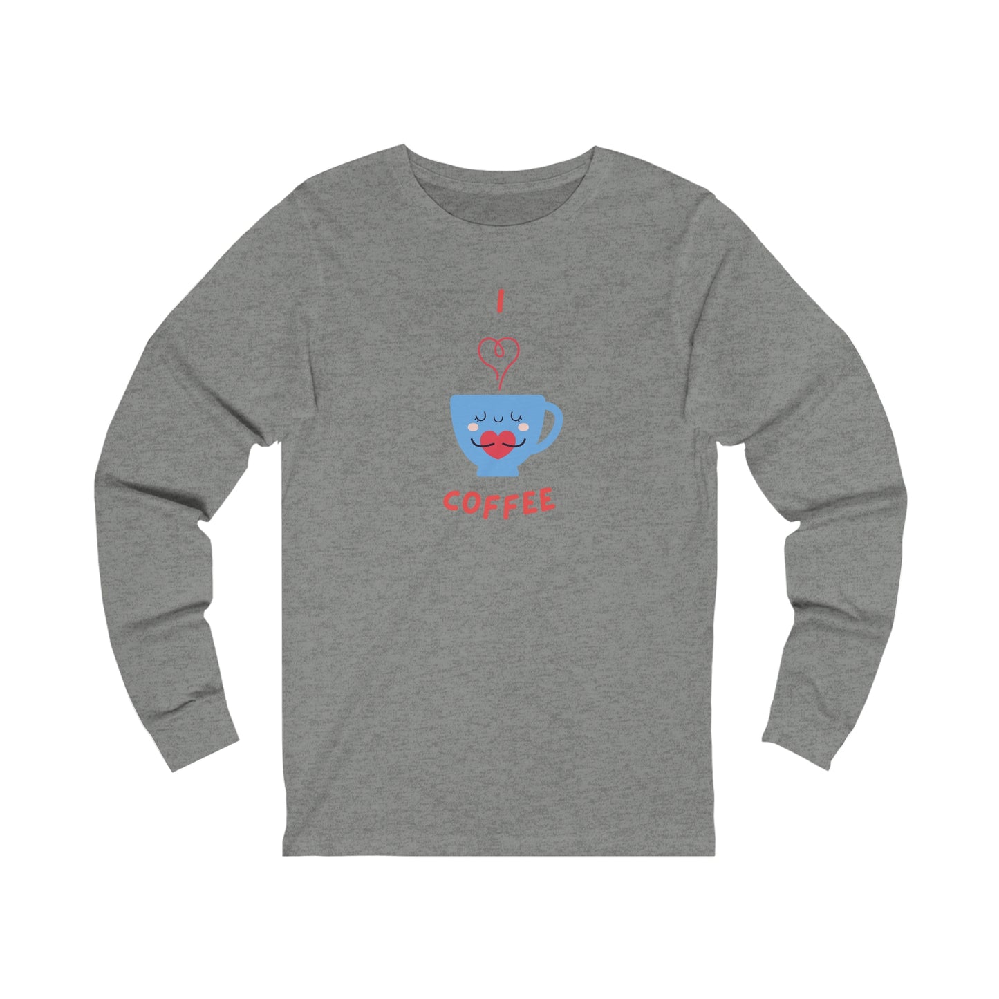 Printify gray long sleeve shirt with I love coffee design coffee and tees