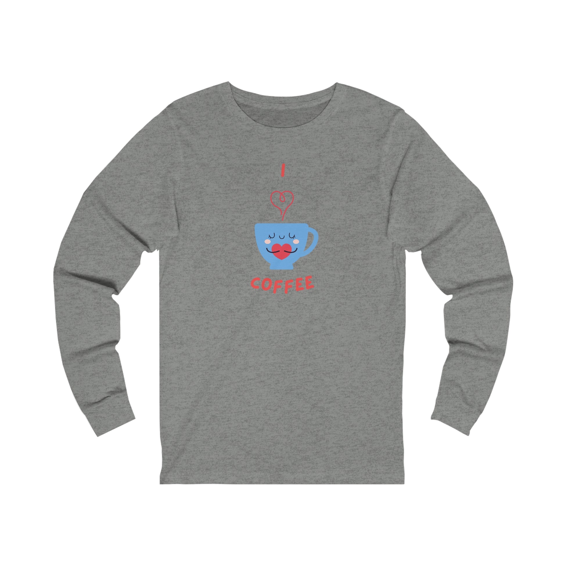 Printify gray long sleeve shirt with I love coffee design coffee and tees