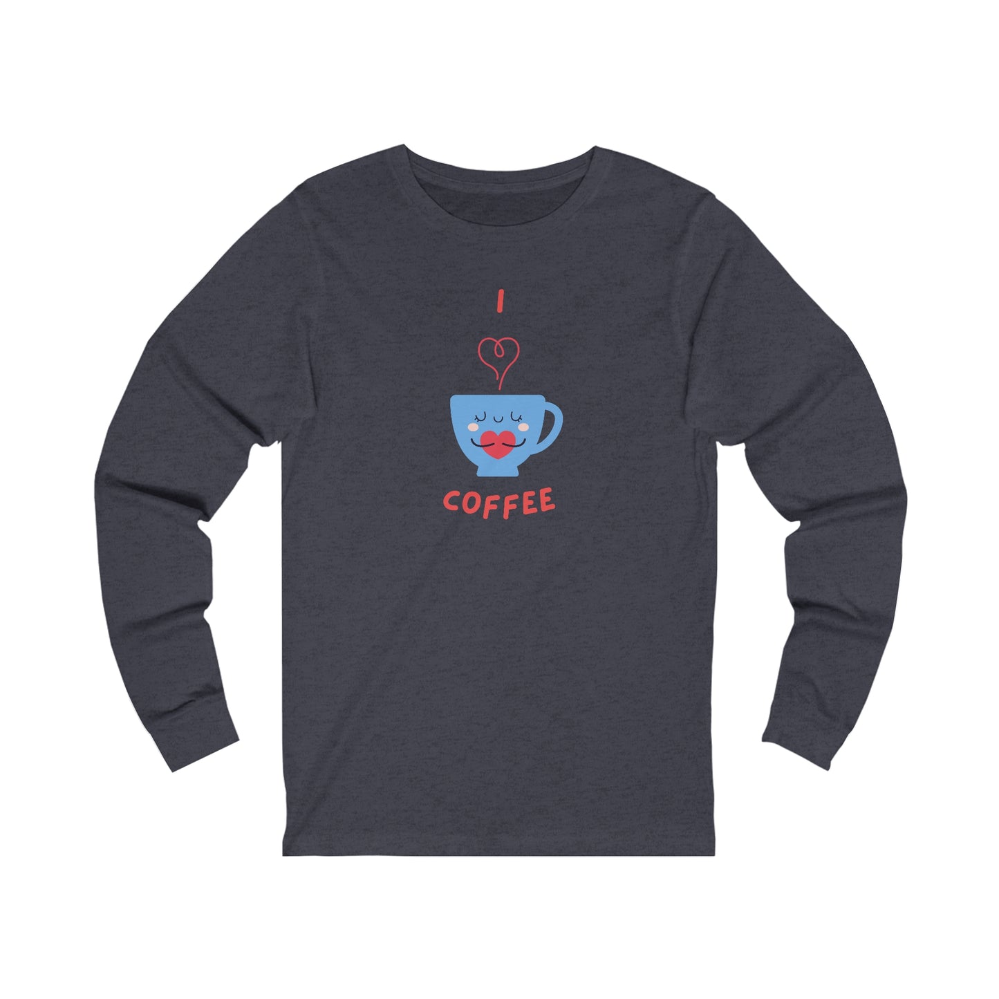 Printify long-sleeve shirt with I love coffee graphic featuring a blue coffee cup and red text coffee and tees