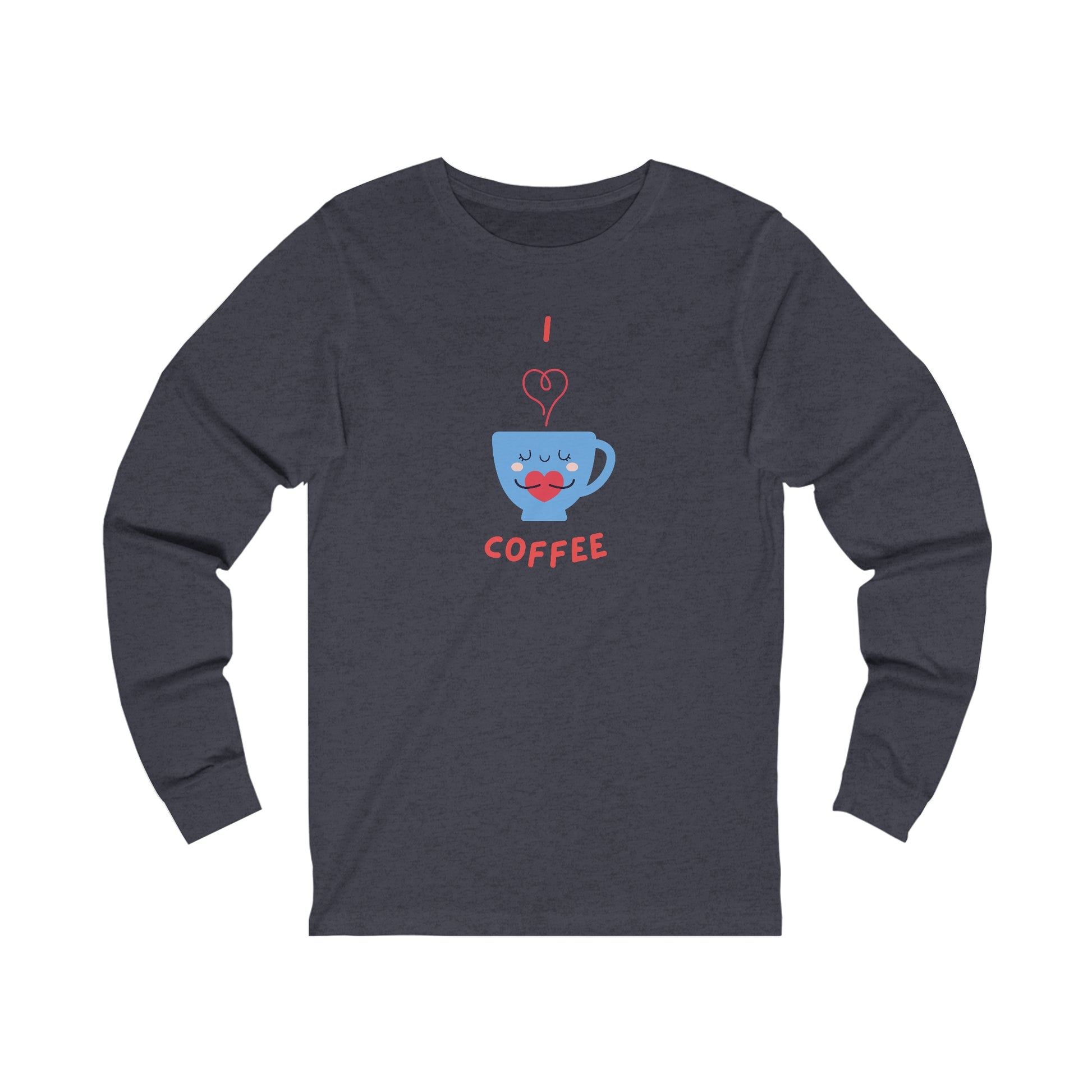 Printify long-sleeve shirt with I love coffee graphic featuring a blue coffee cup and red text coffee and tees
