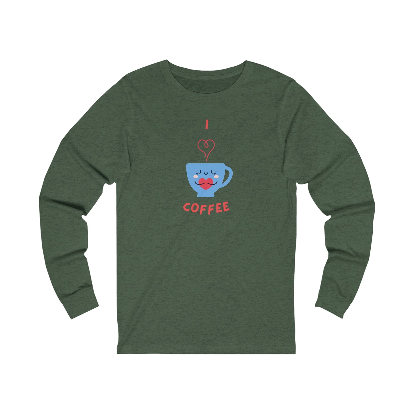 Printify long-sleeve shirt with cute coffee cup graphic and coffee and tees text in red