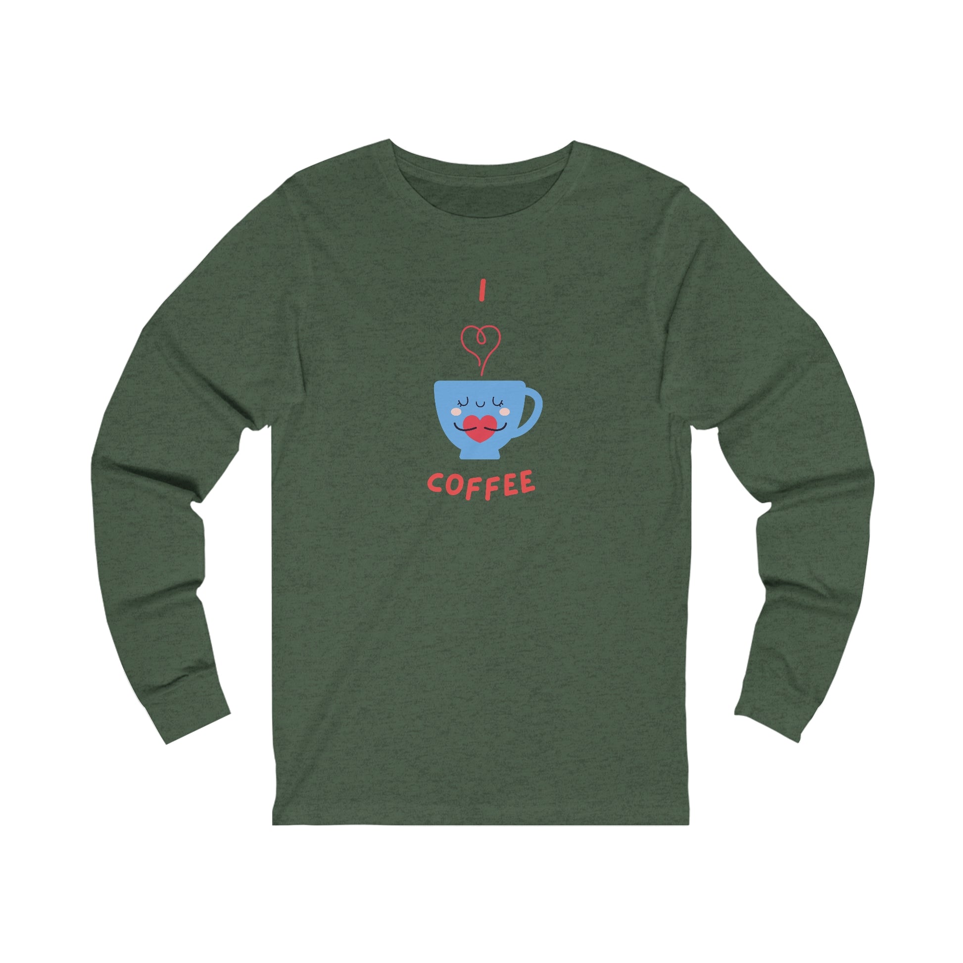 Printify long-sleeve shirt with cute coffee cup graphic and coffee and tees text in red