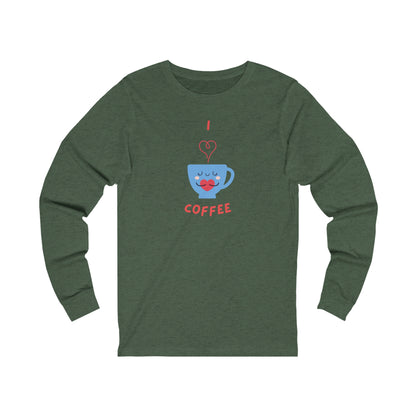 Printify long-sleeve shirt with cute coffee cup graphic and coffee and tees text in red
