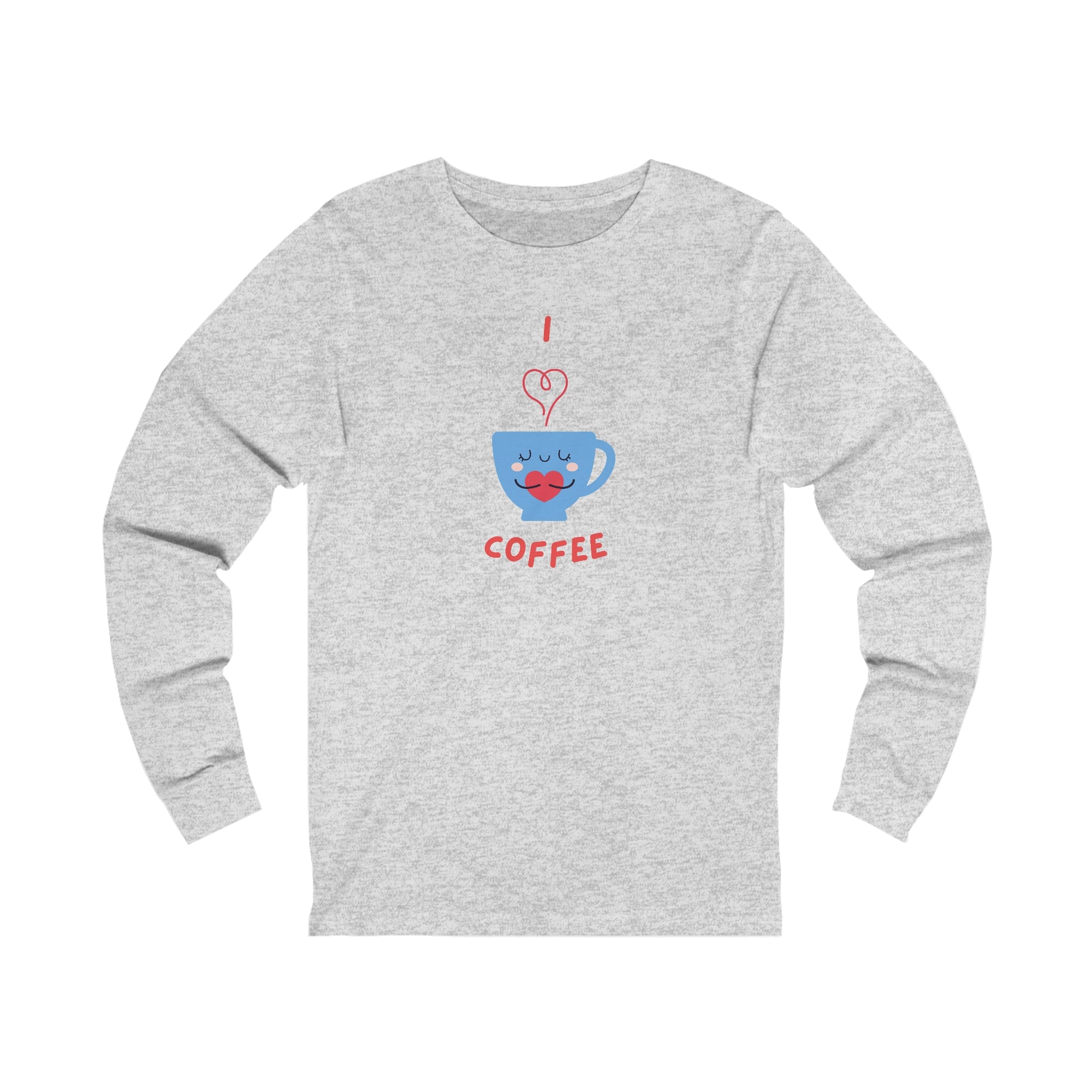 Printify gray long-sleeve shirt with cute blue coffee cup graphic and I heart coffee text coffee and tees