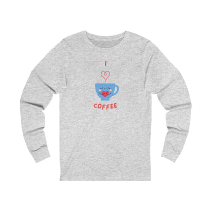 Printify gray long-sleeve shirt with cute blue coffee cup graphic and I heart coffee text coffee and tees