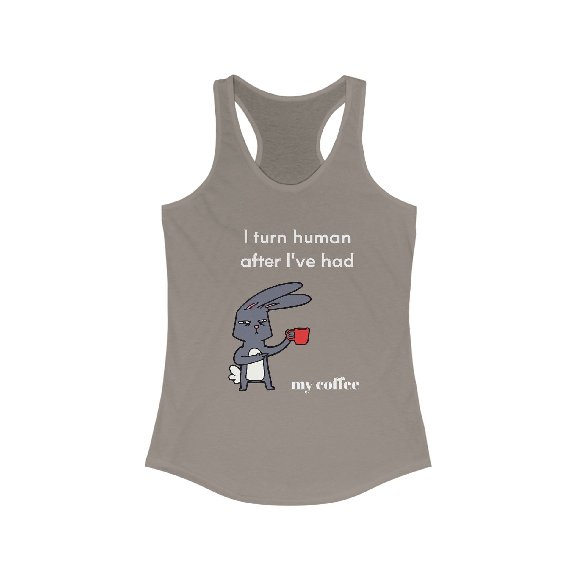 Printify gray tank top with funny coffee bunny graphic and coffee and tees slogan