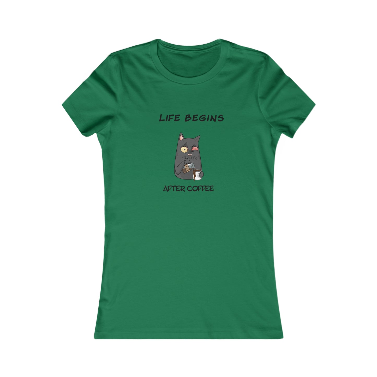 Green Printify t-shirt with Life Begins After Coffee cat graphic for coffee and tees lovers