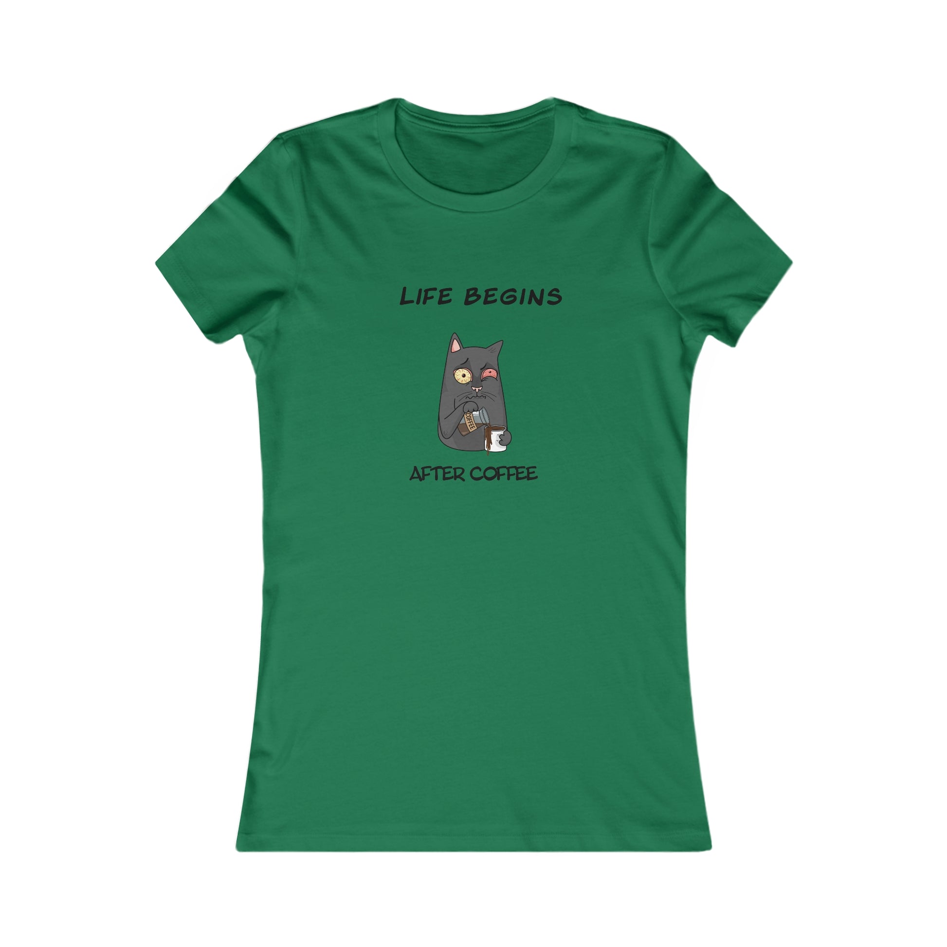 Green Printify t-shirt with Life Begins After Coffee cat graphic for coffee and tees lovers
