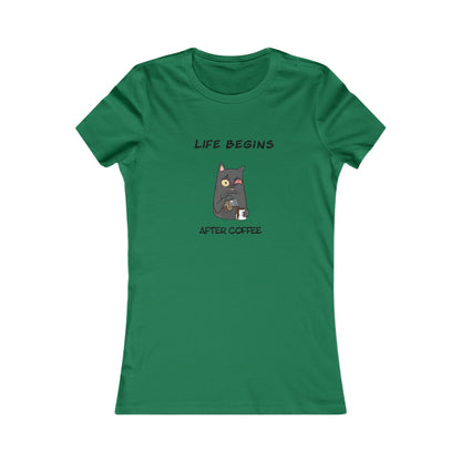 Green Printify t-shirt with Life Begins After Coffee cat graphic for coffee and tees lovers