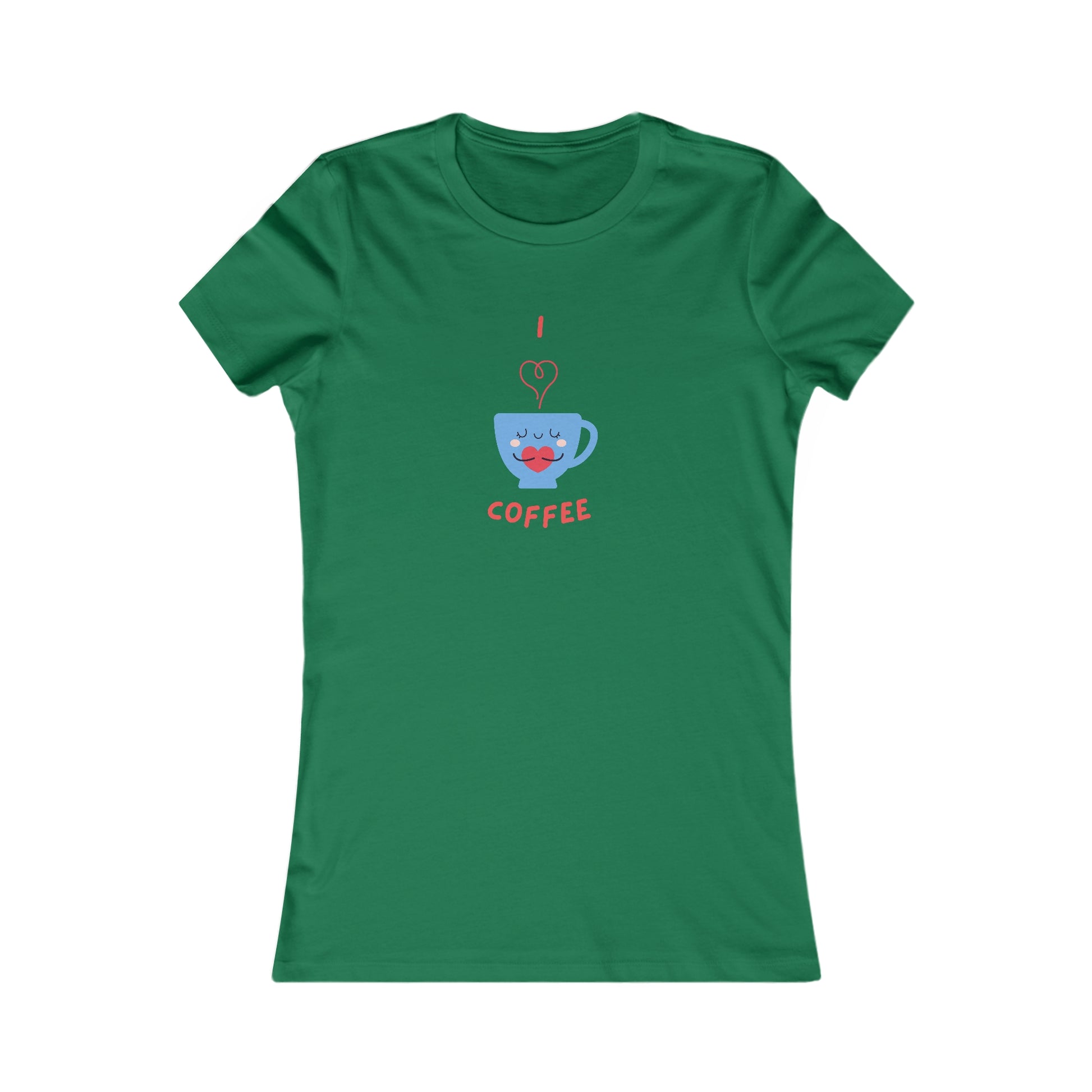 Green Printify T-shirt with cute blue coffee cup design and I love coffee text for coffee and tees lovers
