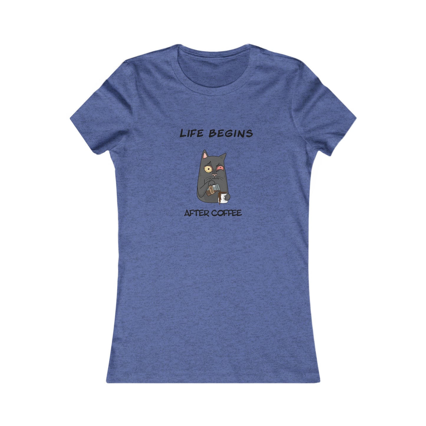 Blue Printify t-shirt with coffee and tees design featuring a cat and Life Begins After Coffee text