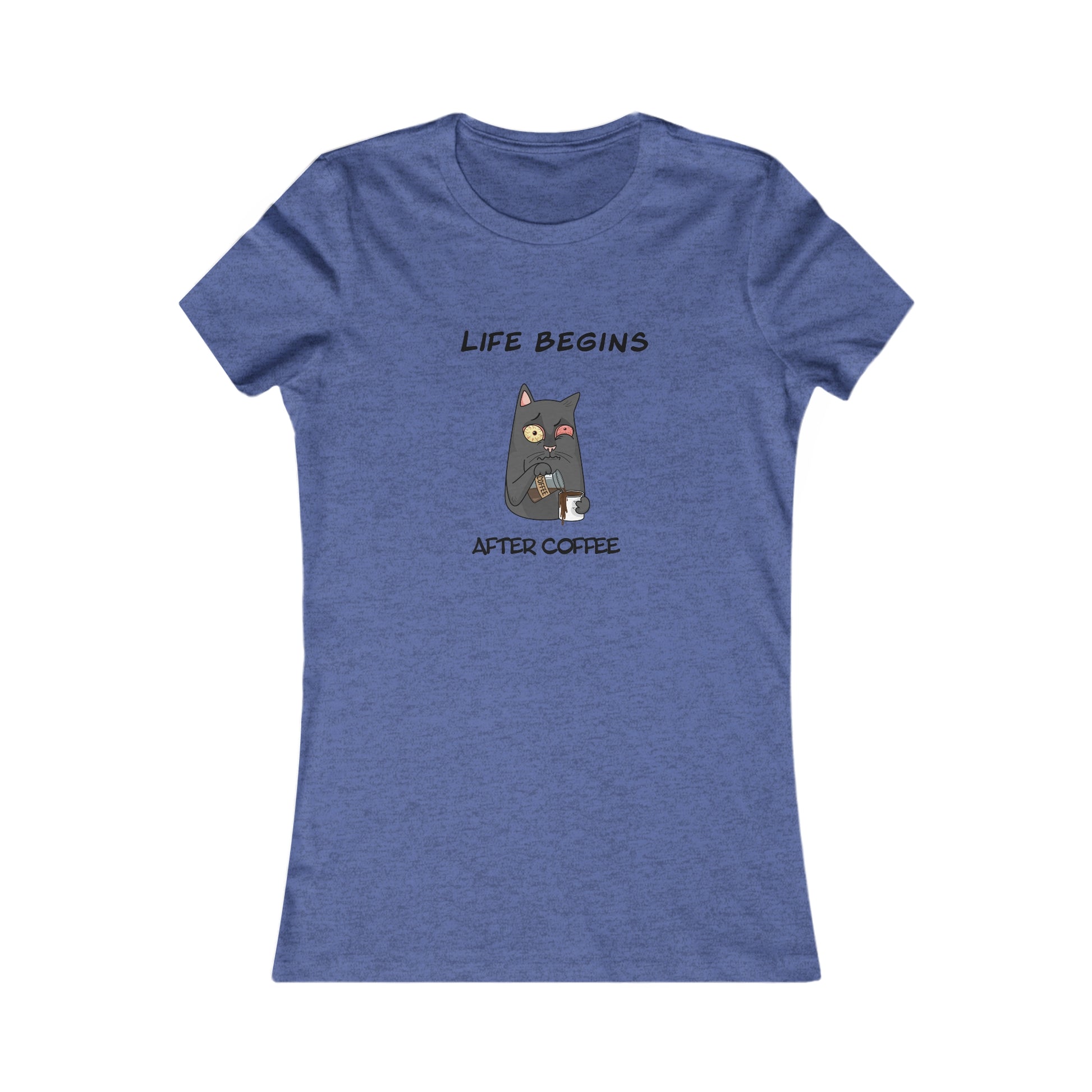 Blue Printify t-shirt with coffee and tees design featuring a cat and Life Begins After Coffee text