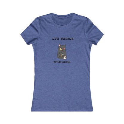 Blue Printify t-shirt with coffee and tees design featuring a cat and Life Begins After Coffee text
