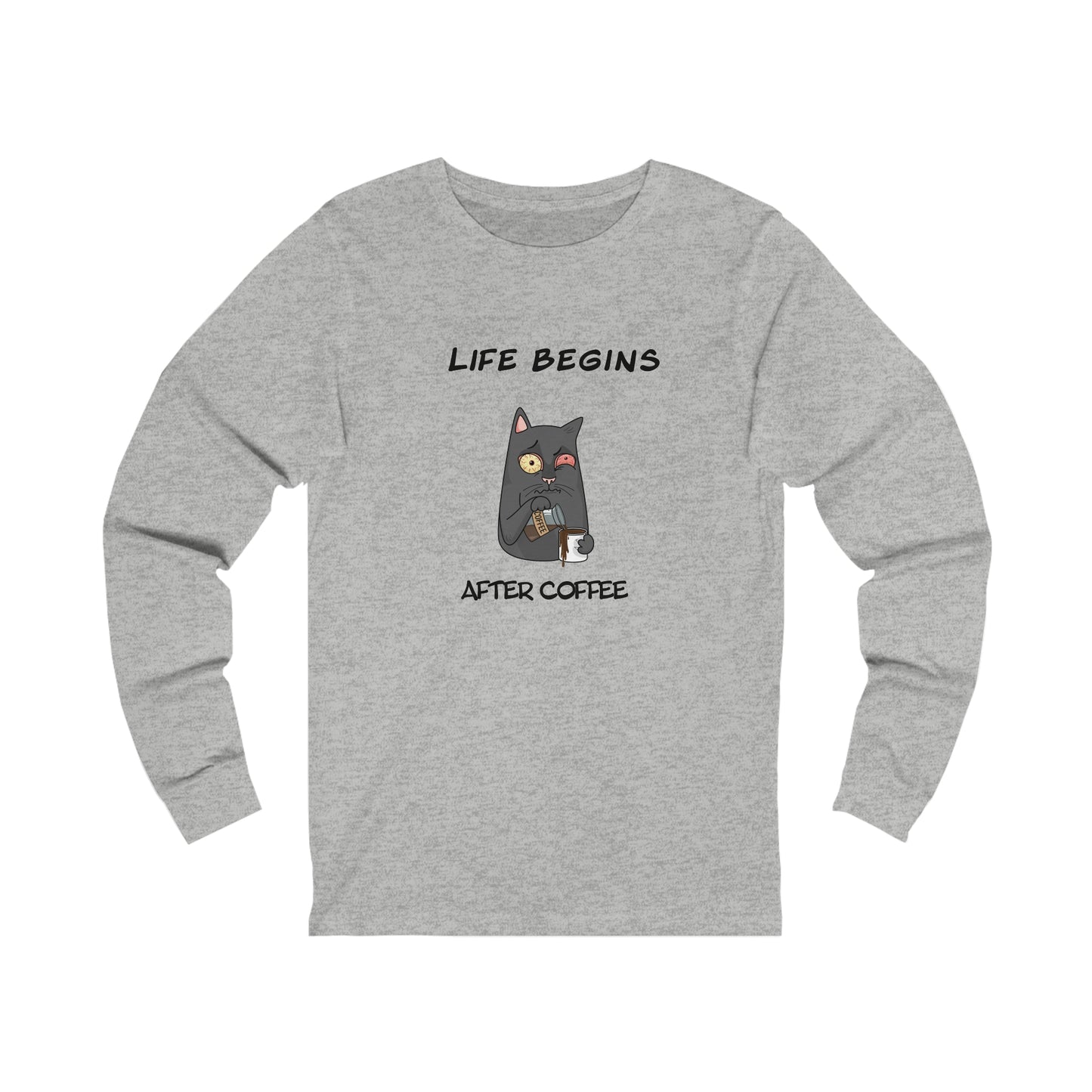 Printify gray long-sleeve coffee and tees shirt with cat and Life Begins After Coffee design