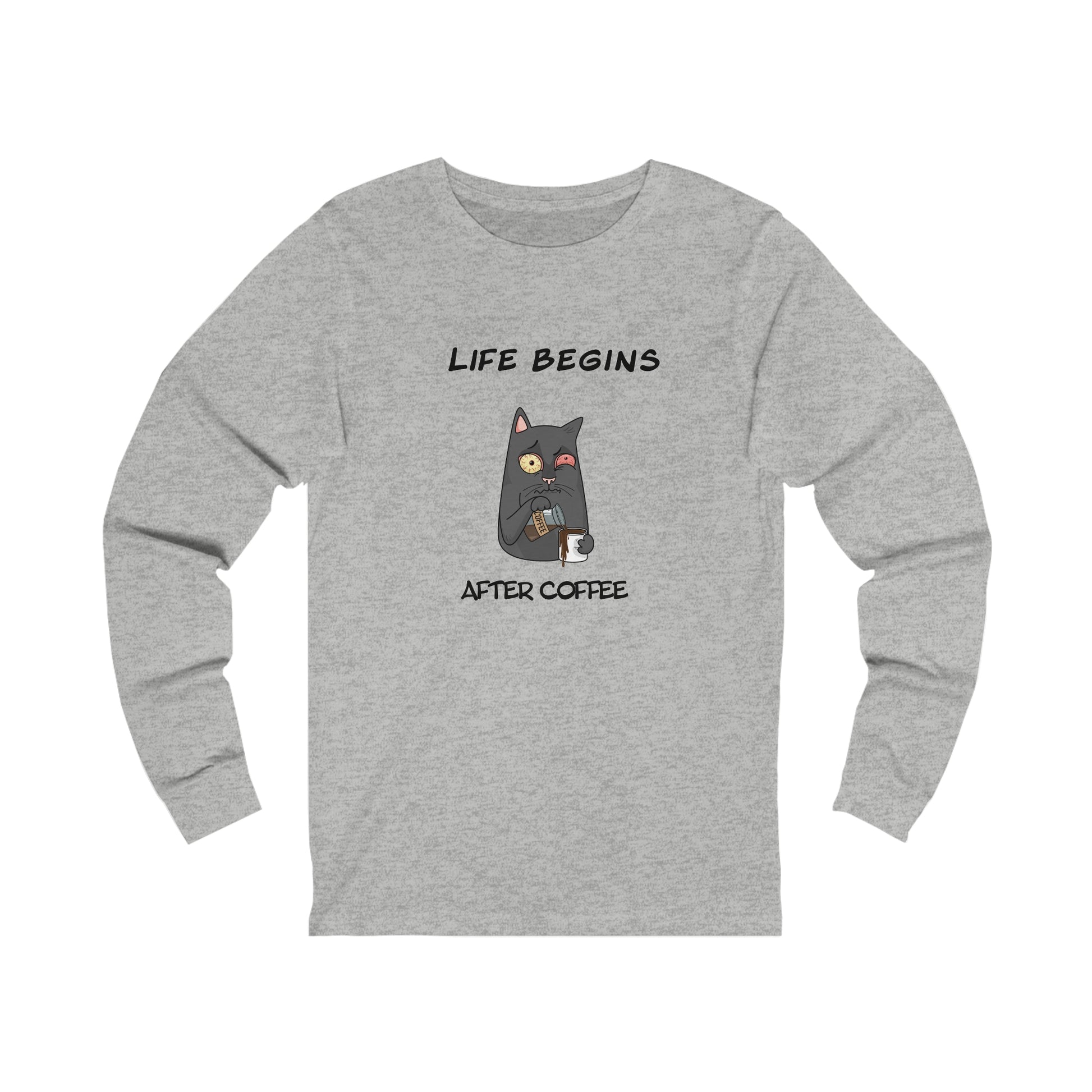 Printify gray long-sleeve coffee and tees shirt with cat and Life Begins After Coffee design