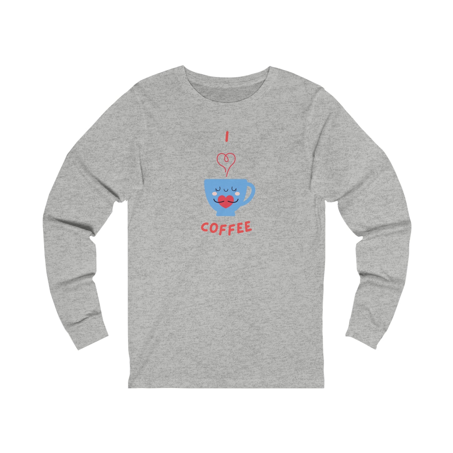Gray long sleeve shirt from Printify with I love coffee blue cup design perfect for coffee and tees lovers