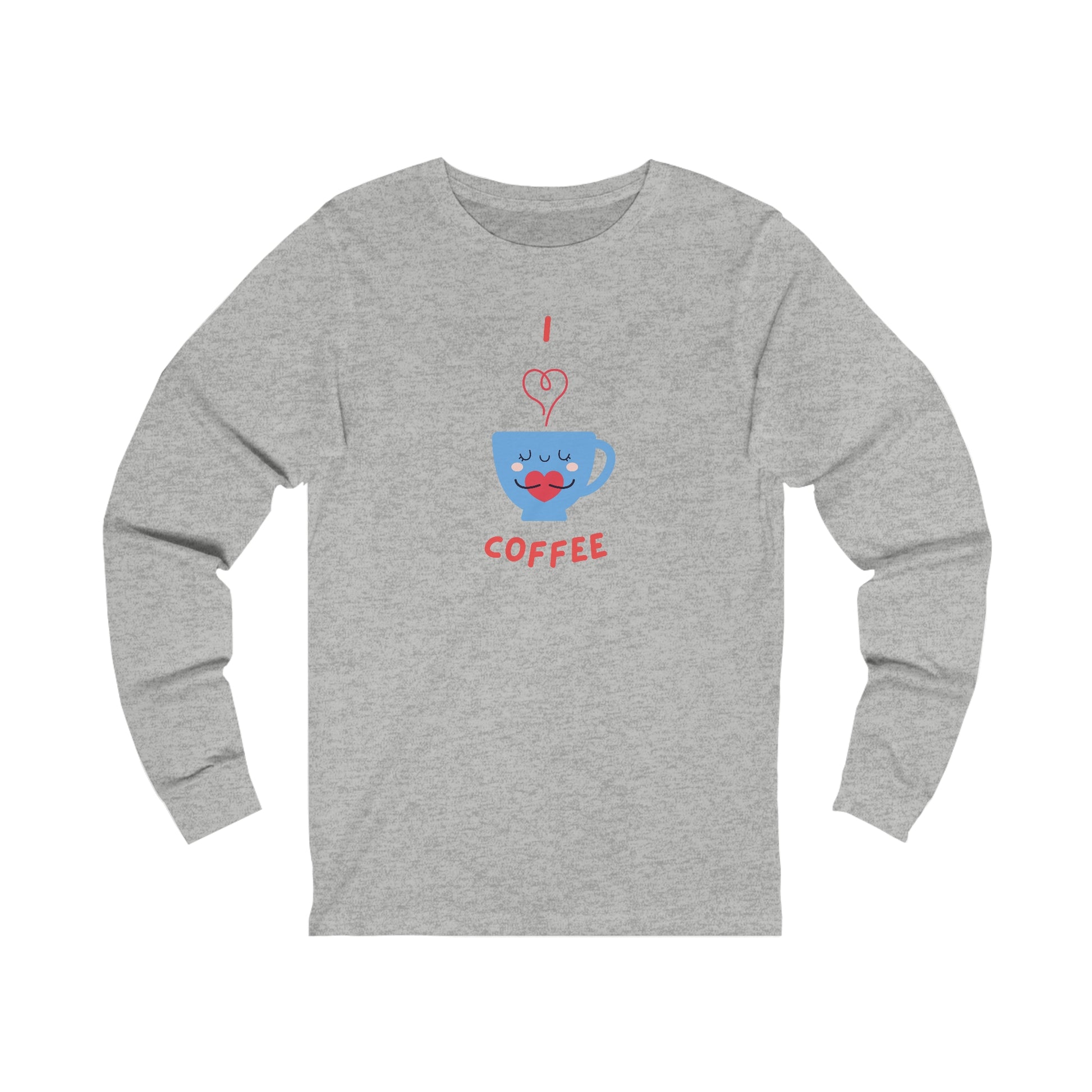 Gray long sleeve shirt from Printify with I love coffee blue cup design perfect for coffee and tees lovers