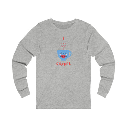 Gray long sleeve shirt from Printify with I love coffee blue cup design perfect for coffee and tees lovers