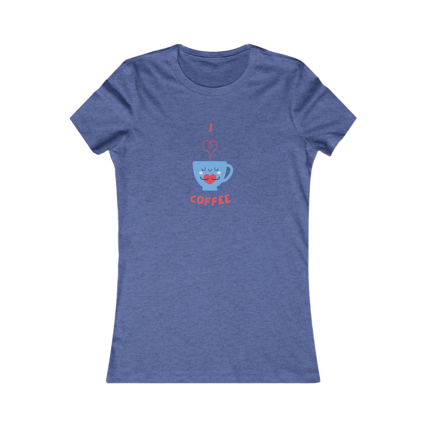 Blue women's t-shirt with cute coffee cup graphic and I love coffee text from Printify coffee and tees collection