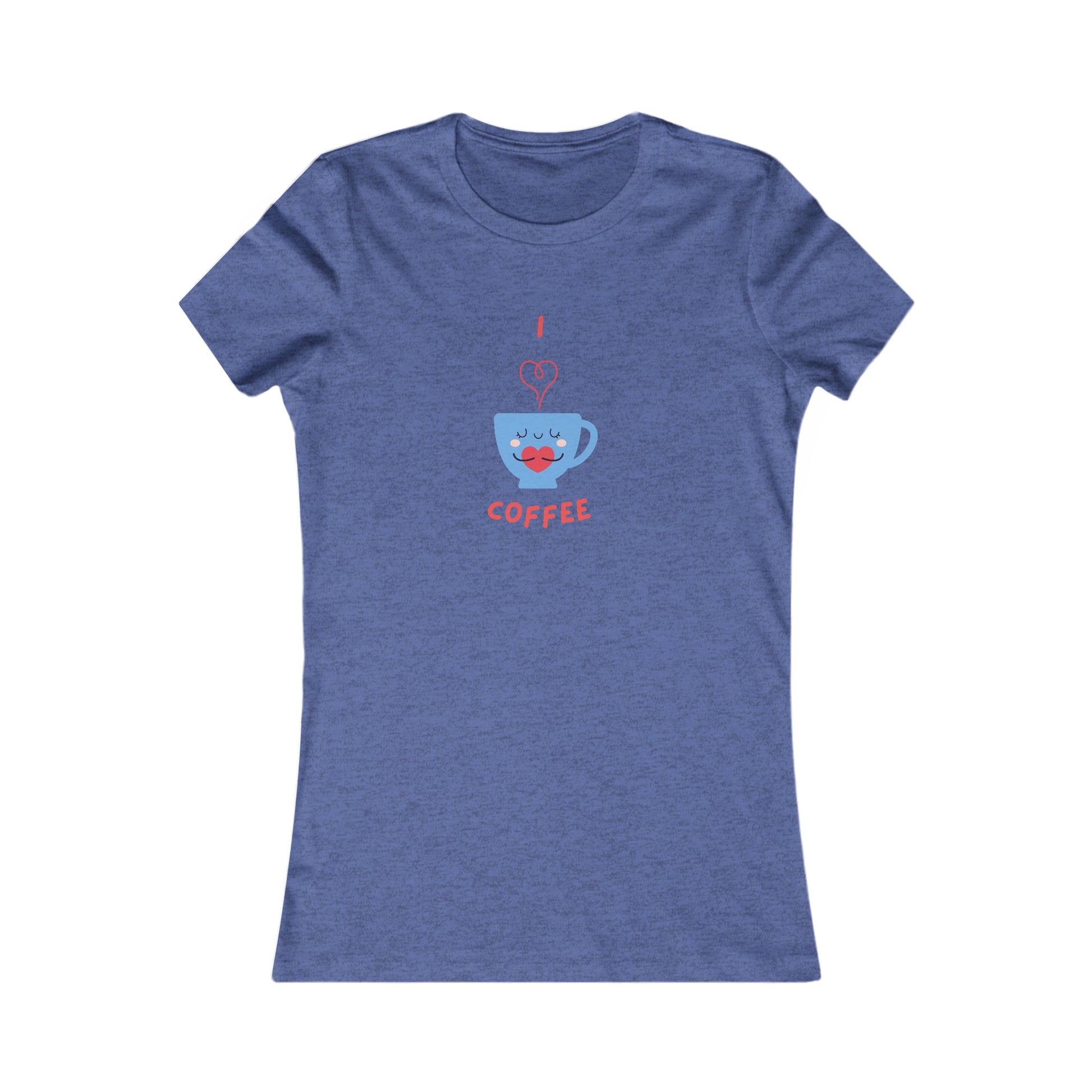 Blue women's t-shirt with cute coffee cup graphic and I love coffee text from Printify coffee and tees collection