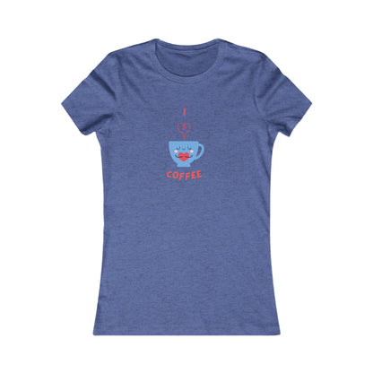 Blue women's t-shirt with cute coffee cup graphic and I love coffee text from Printify coffee and tees collection
