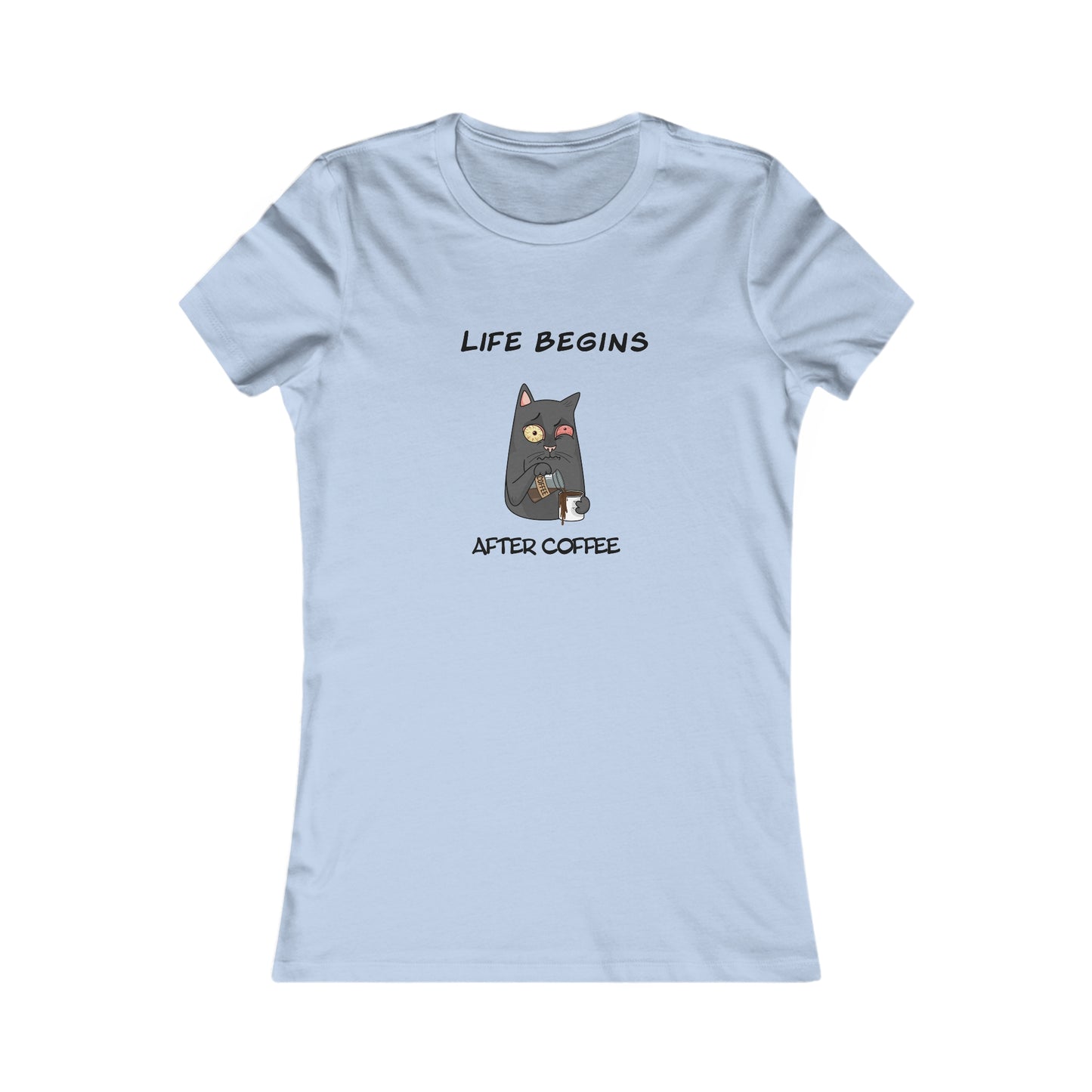 Light blue Printify t-shirt with a cat holding coffee and text Life begins after coffee coffee and tees