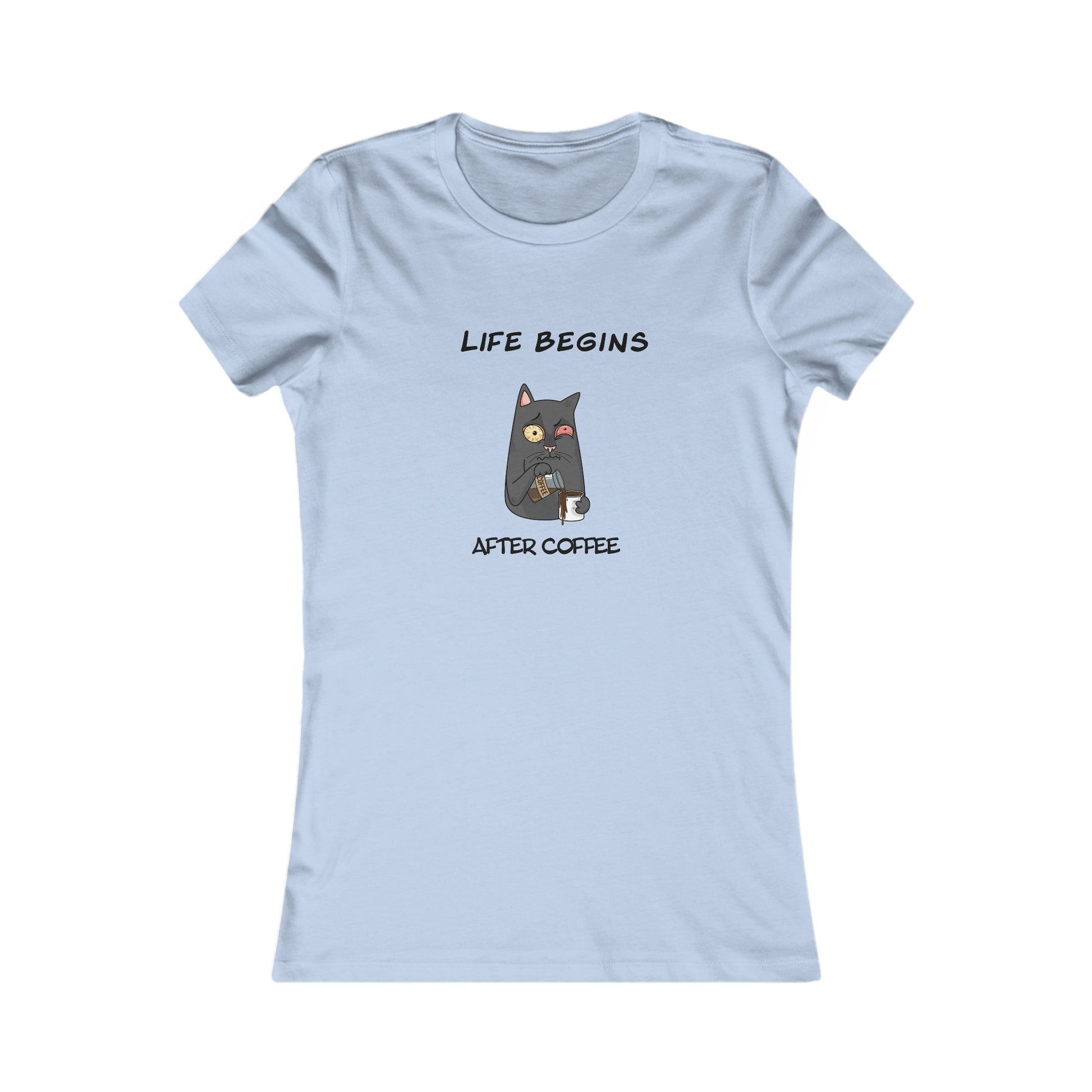 Light blue Printify t-shirt with a cat holding coffee and text Life begins after coffee coffee and tees