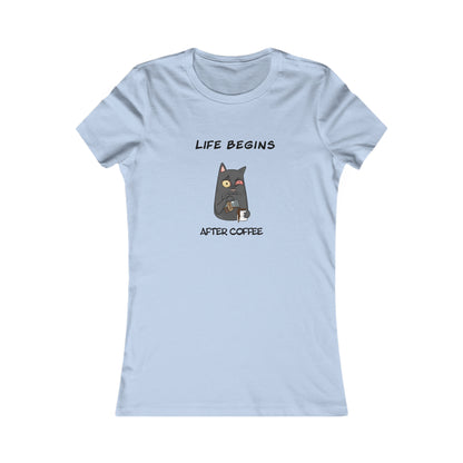 Light blue Printify t-shirt with a cat holding coffee and text Life begins after coffee coffee and tees