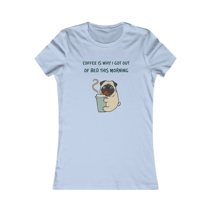 Light blue Printify T-shirt with a pug holding a coffee cup and text saying coffee and tees theme