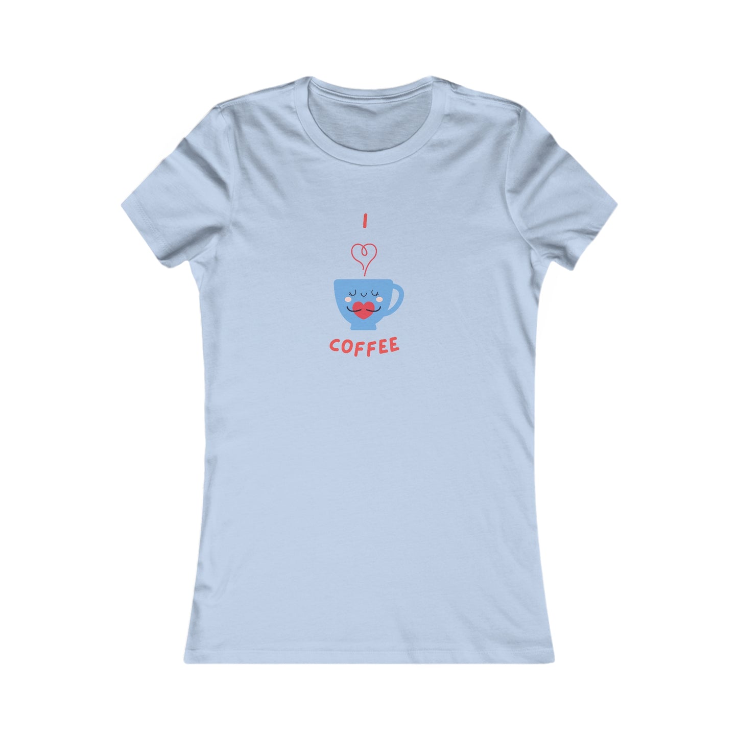 Light blue Printify T-shirt with I heart coffee cup design for coffee and tees lovers