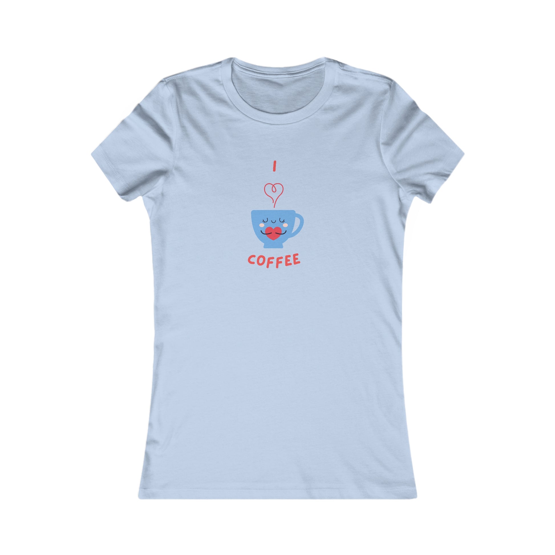 Light blue Printify T-shirt with I heart coffee cup design for coffee and tees lovers