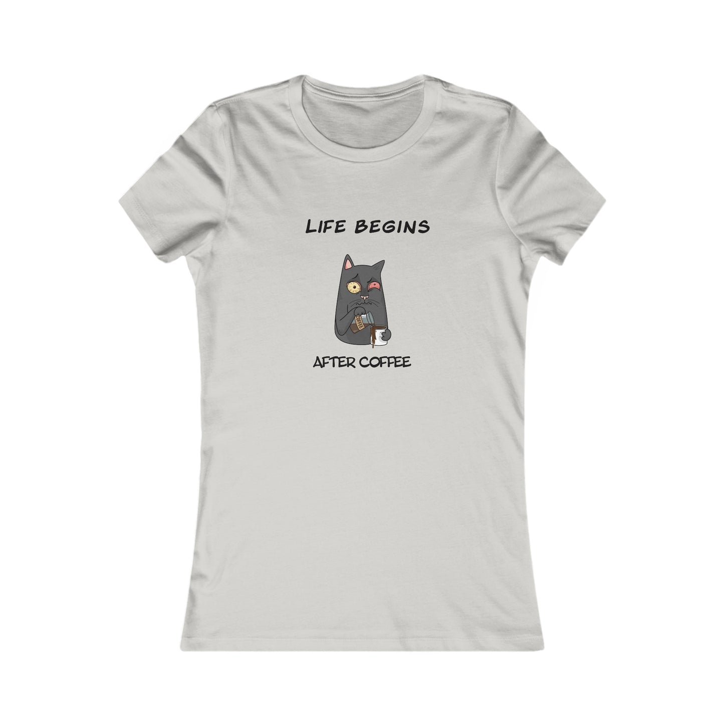 Printify coffee and tees light gray T-shirt with cartoon cat and life begins after coffee text
