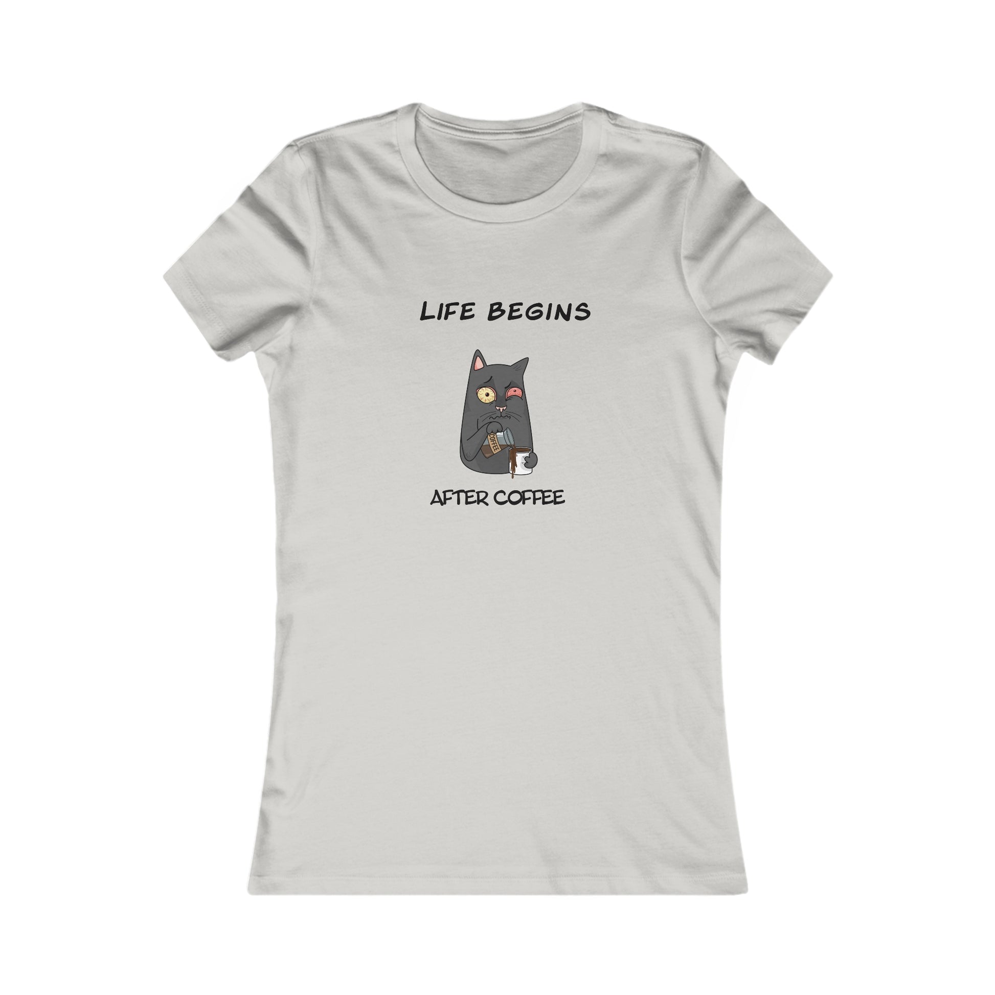 Printify coffee and tees light gray T-shirt with cartoon cat and life begins after coffee text