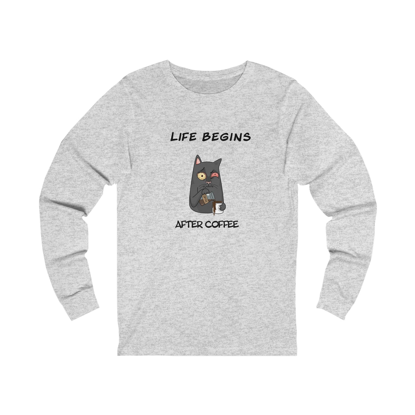 Printify gray long-sleeve coffee and tees shirt with Life Begins After Coffee cat design