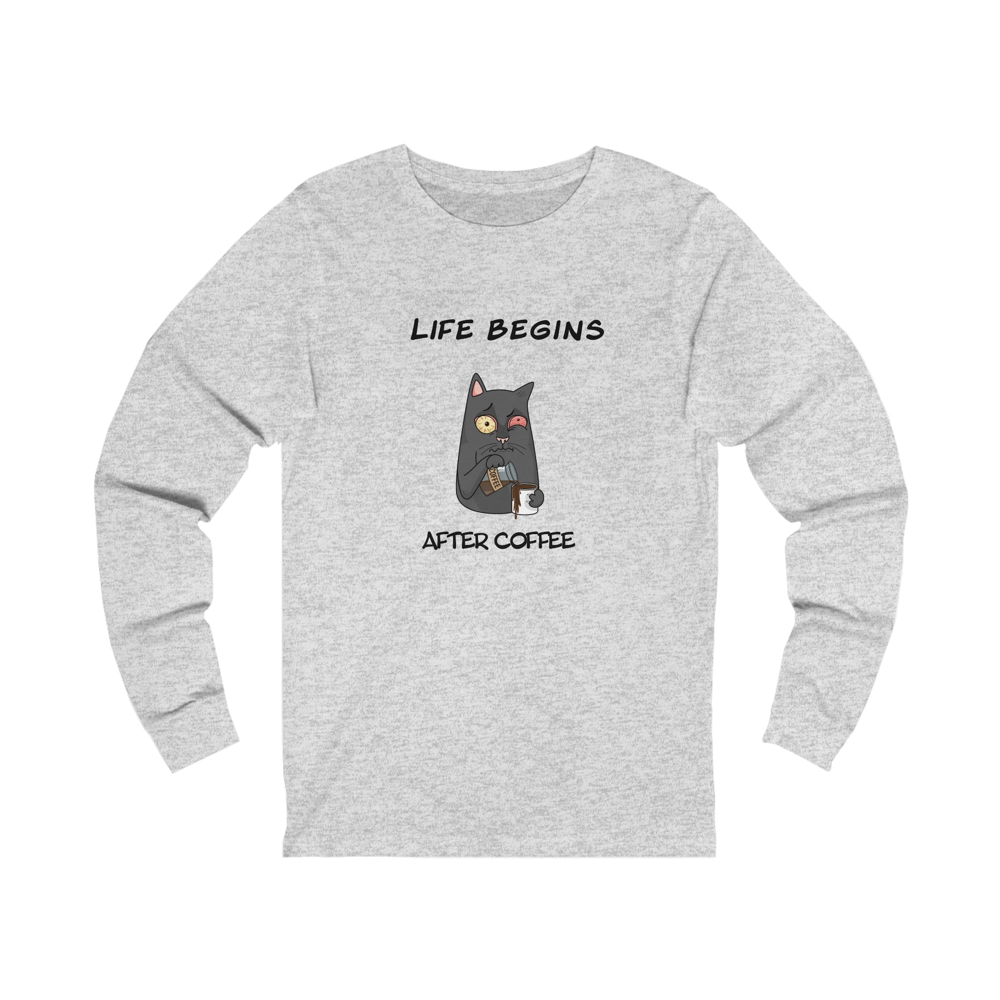 Printify gray long-sleeve coffee and tees shirt with Life Begins After Coffee cat design