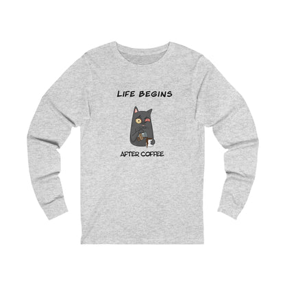 Printify gray long-sleeve coffee and tees shirt with Life Begins After Coffee cat design