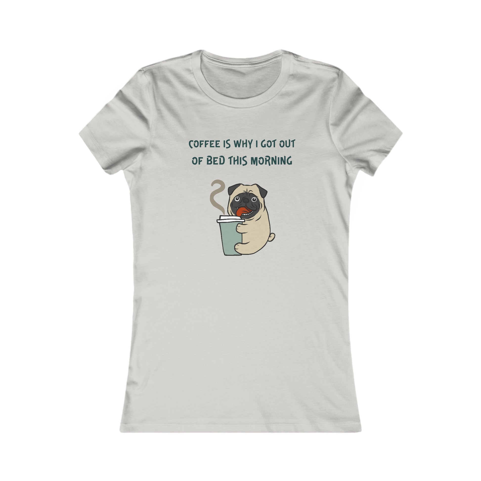 Printify coffee and tees white T-shirt with pug holding coffee cup and morning quote