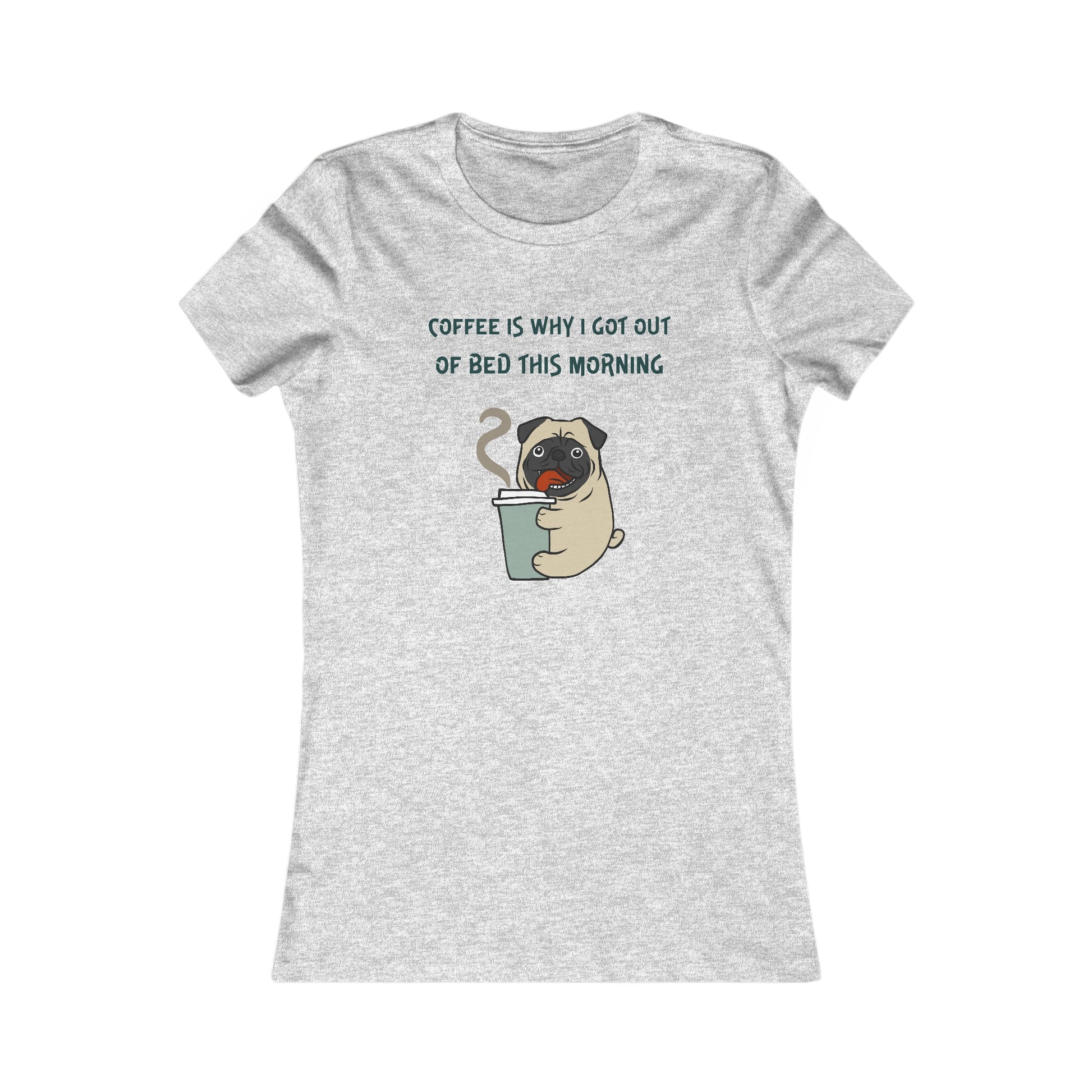 Gray Printify T-shirt with cute pug holding coffee cup and text coffee and tees theme