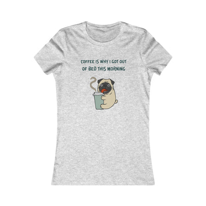 Gray Printify T-shirt with cute pug holding coffee cup and text coffee and tees theme