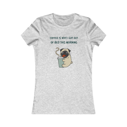 Gray Printify T-shirt with cute pug holding coffee cup and text coffee and tees theme