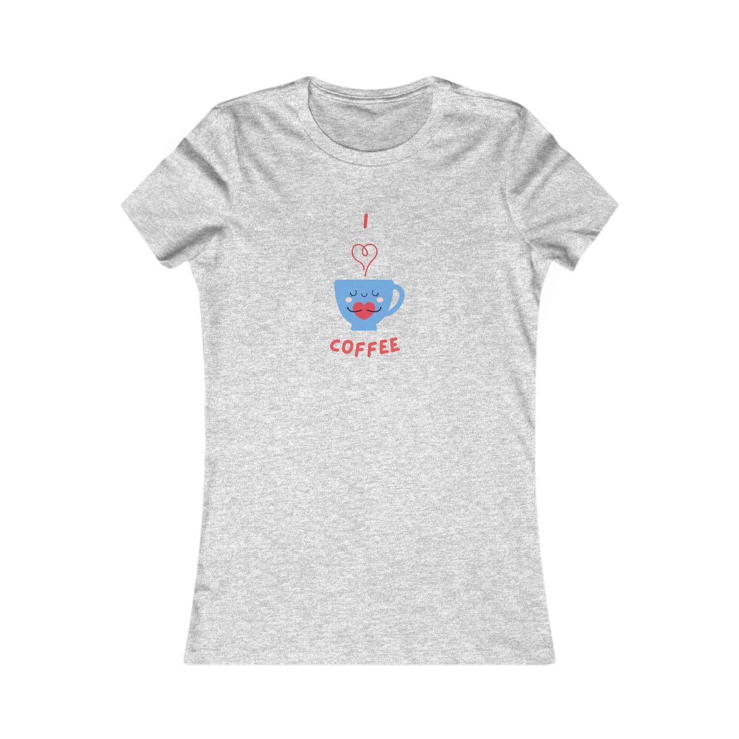 Printify gray T-shirt with cute blue coffee cup graphic and I love coffee text for coffee and tees lovers