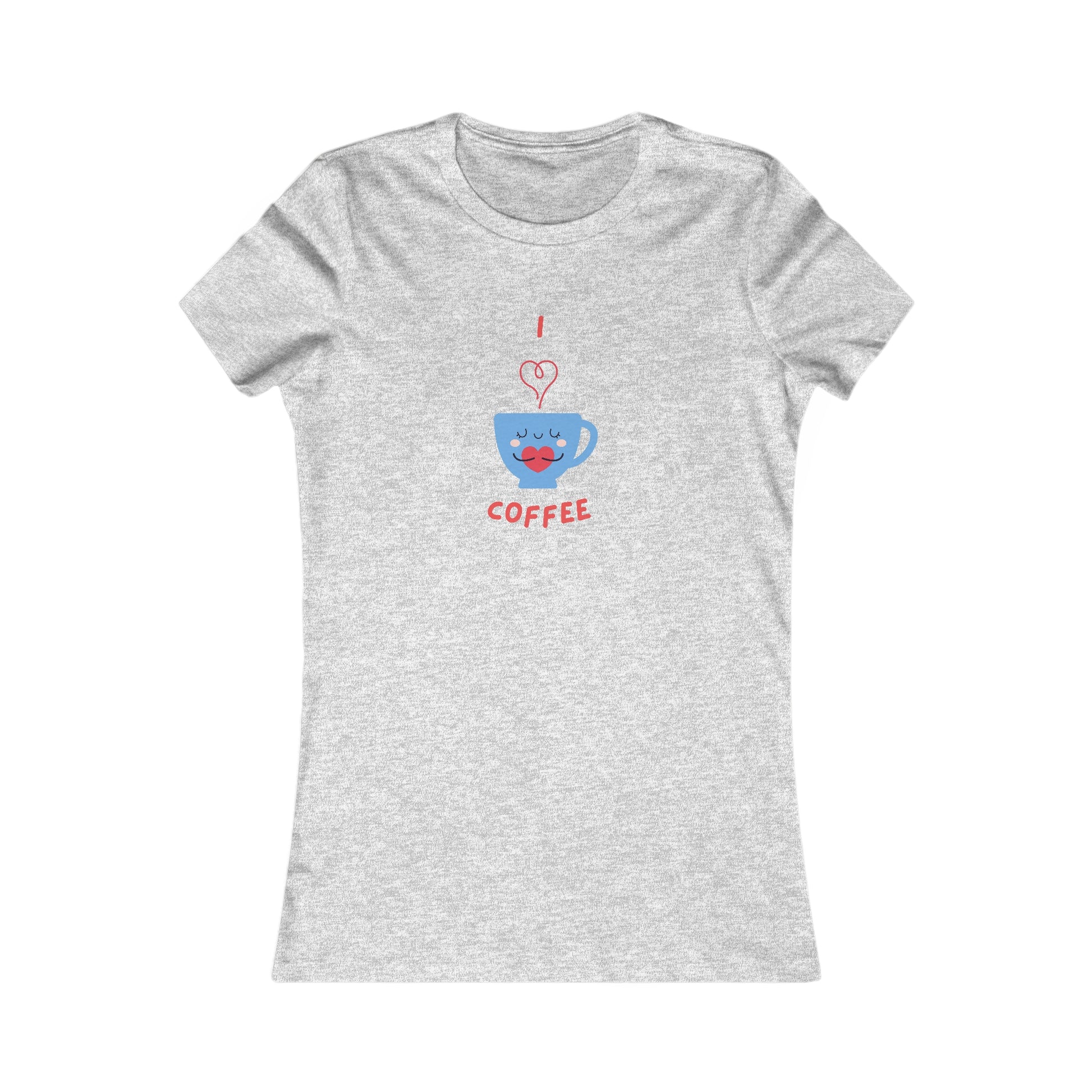 Printify gray T-shirt with cute blue coffee cup graphic and I love coffee text for coffee and tees lovers