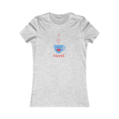 Printify gray T-shirt with cute blue coffee cup graphic and I love coffee text for coffee and tees lovers