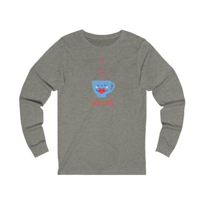 Printify gray long-sleeve shirt featuring a blue coffee cup with heart and lips design coffee and tees