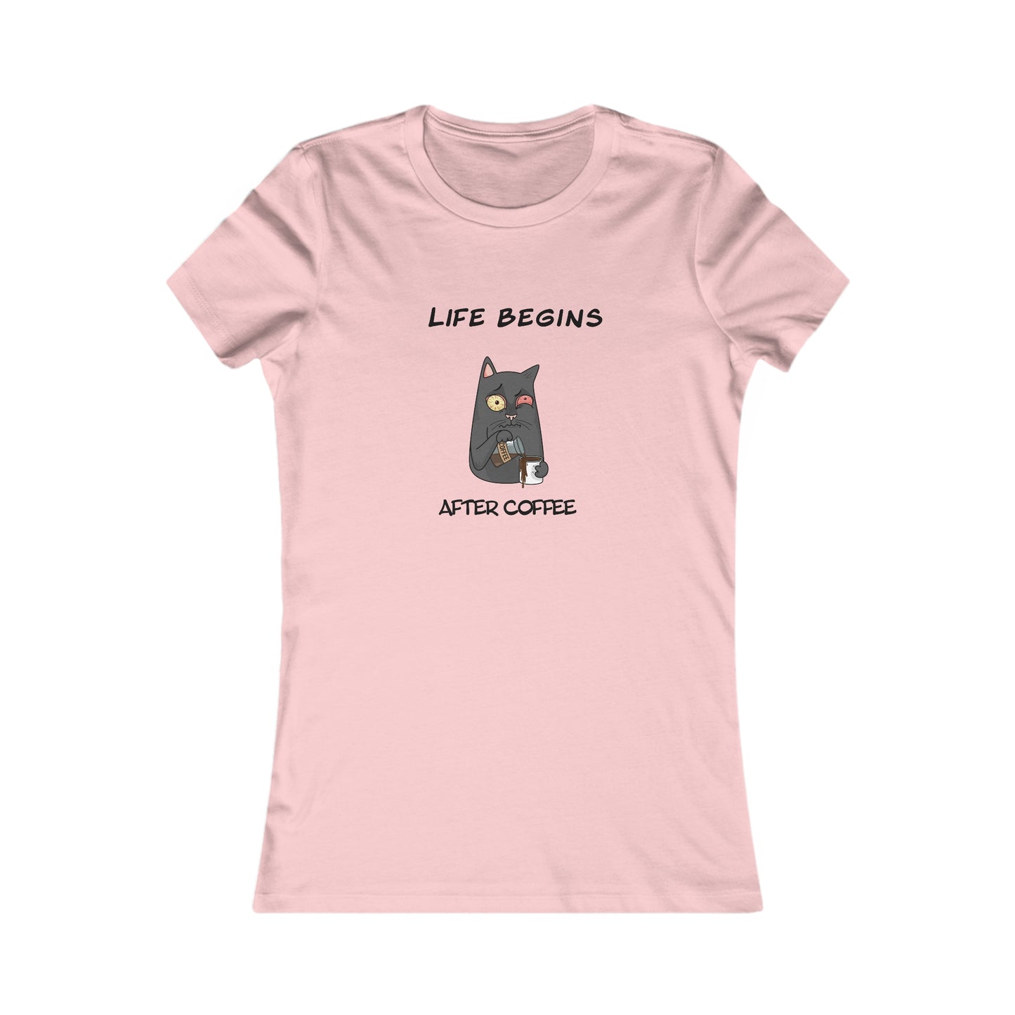 Pink Printify T-shirt with Life Begins After Coffee cat design coffee and tees