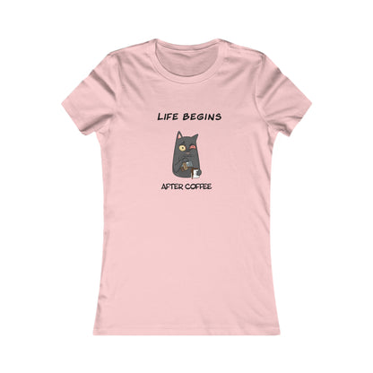 Pink Printify T-shirt with Life Begins After Coffee cat design coffee and tees